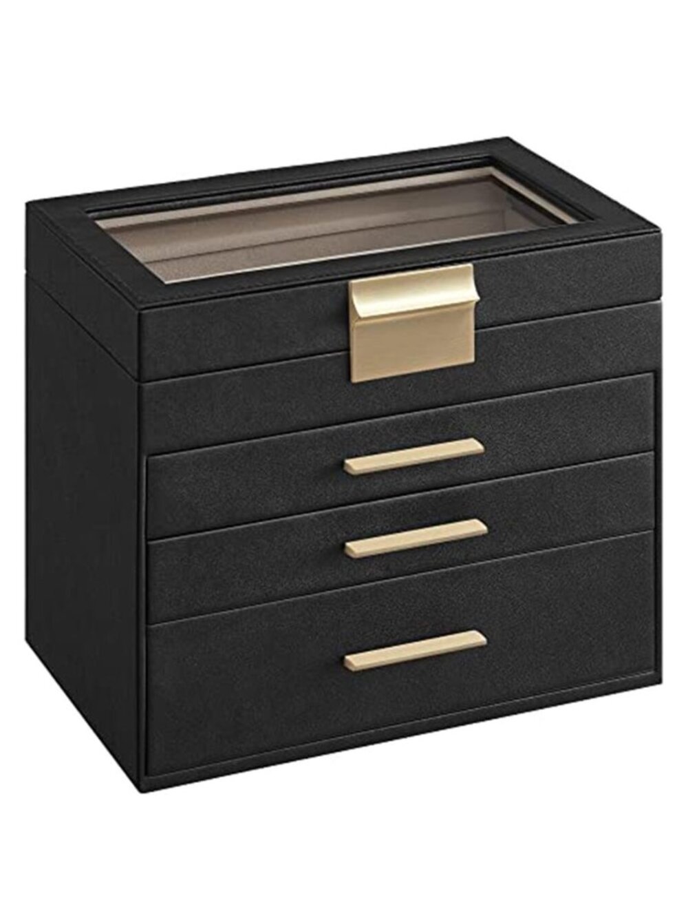 Jewelry Box Organizer 4 Layer 3 Drawers Glass Lid Black Gold Velvet Lining